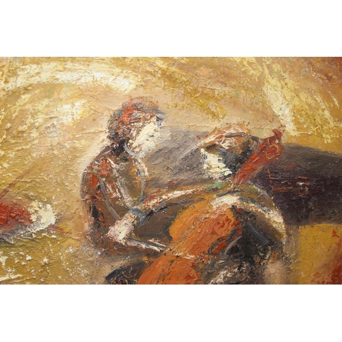 401 - Sandra Kingsley XX, textured oil on canvas of a band playing titled 'bridge'