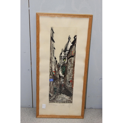 402 - 3 pictures to include a pen & ink wash of a medieval village and a limited edition print of the rive... 