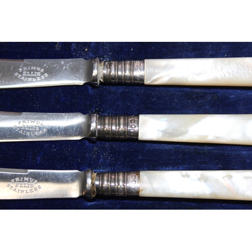 1060 - A boxed set of butter knives with mother of pearl handles and silver collars, marked for Sheffield 1... 