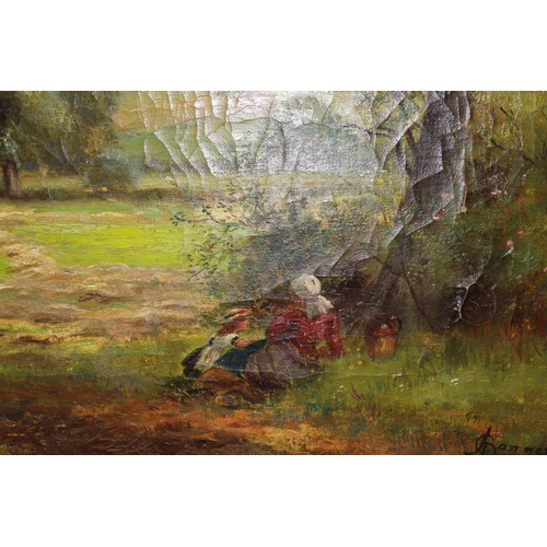 438 - Alfred Banner (XIX-early XX), oil on canvas painting of a mother and child picnicking in a rural set... 