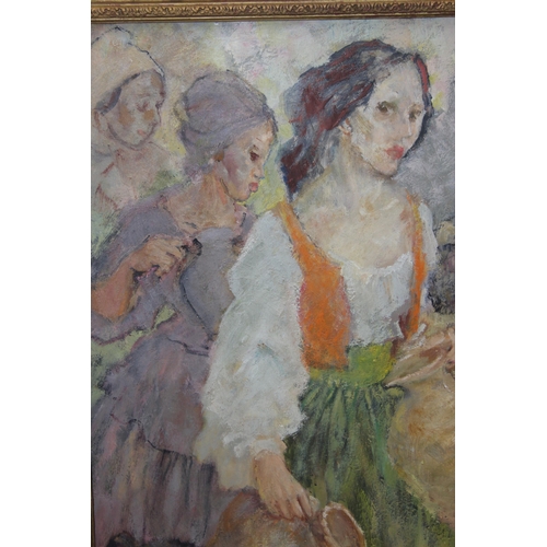 439 - Irene Welburn (1910-2000), oil on board painting of attractive females with amphora entitled 