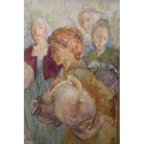 439 - Irene Welburn (1910-2000), oil on board painting of attractive females with amphora entitled 