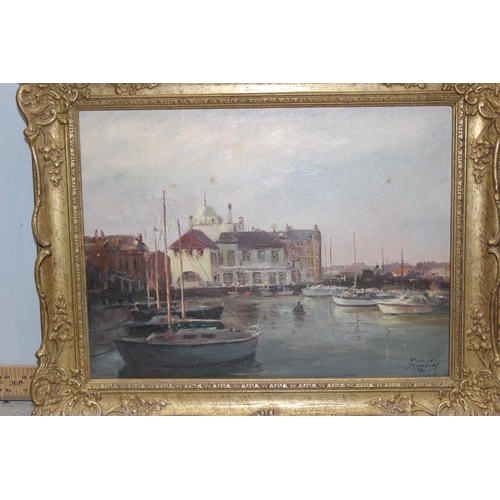 440 - Phyllis Morgans RGI (British, 1911-2001), oil on canvas entitled Lowestoft Yacht Basin, signed and d... 