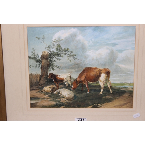 443 - In the manner of Thomas Sidney Cooper, 19th century English School watercolour depicting grazing cat... 