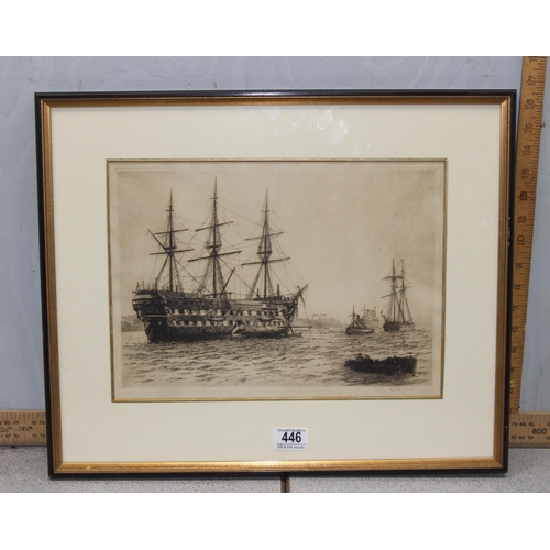 446 - Charles H. Clark, drypoint marine school etching of ships at sail in the manner of William Wyllie, s... 