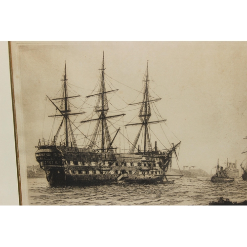 446 - Charles H. Clark, drypoint marine school etching of ships at sail in the manner of William Wyllie, s... 