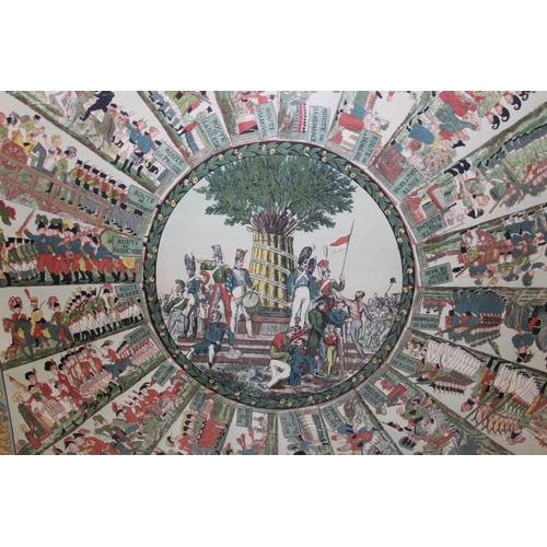 448 - A large framed silk scarf or panel depicting various armies routes to a central vignette, marked Arc... 