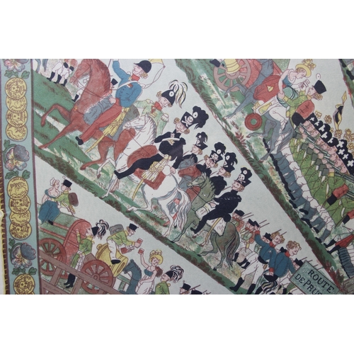 448 - A large framed silk scarf or panel depicting various armies routes to a central vignette, marked Arc... 