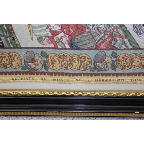 448 - A large framed silk scarf or panel depicting various armies routes to a central vignette, marked Arc... 