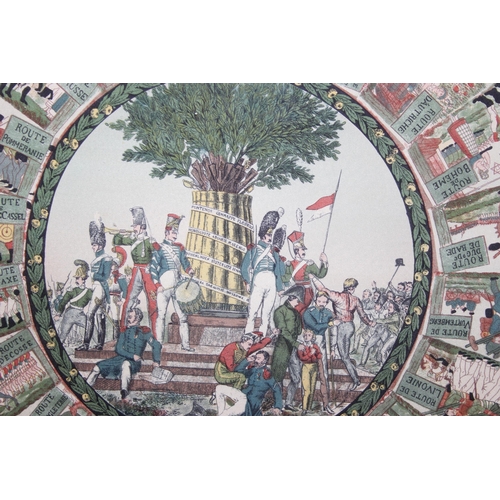 448 - A large framed silk scarf or panel depicting various armies routes to a central vignette, marked Arc... 