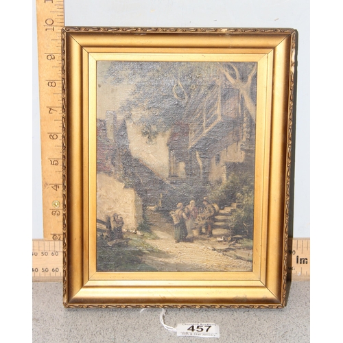 457 - Small antique oil on canvas painting of a rural village scene, indistinctly signed lower right and d... 