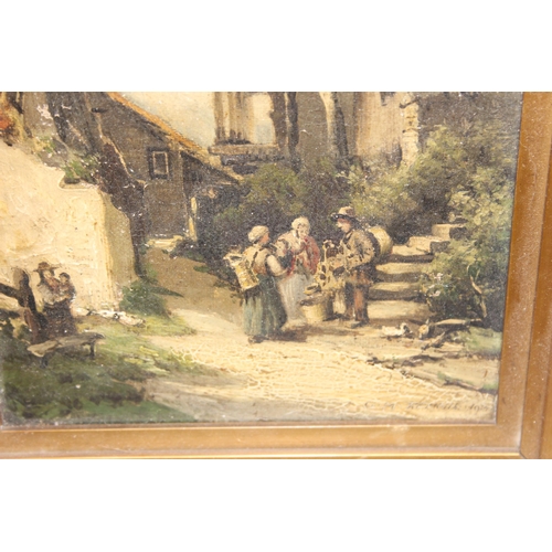 457 - Small antique oil on canvas painting of a rural village scene, indistinctly signed lower right and d... 