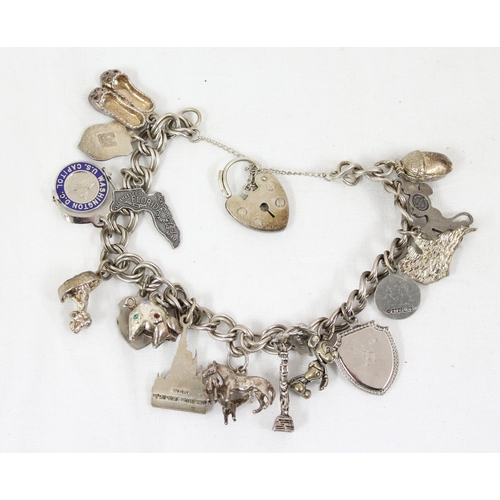 1134 - Vintage silver charm bracelet and various charms, approx 46.83g gross