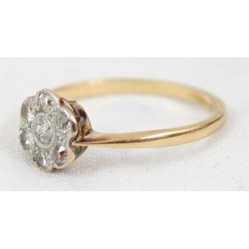 1143 - 18ct gold and diamond floral cluster ring, unmarked but XRF confirmed as 18ct gold, approx size P, a... 