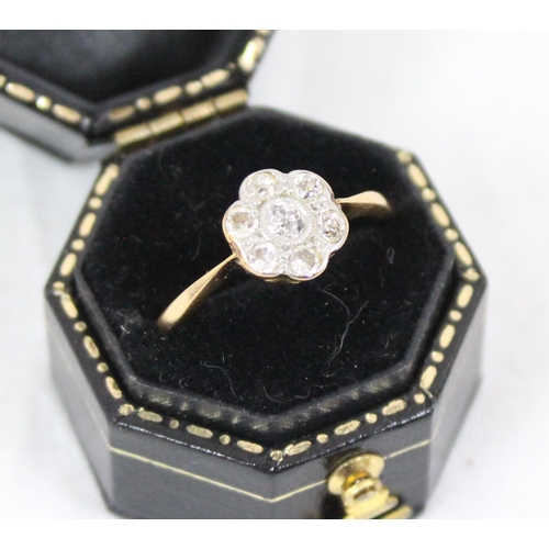 1143 - 18ct gold and diamond floral cluster ring, unmarked but XRF confirmed as 18ct gold, approx size P, a... 