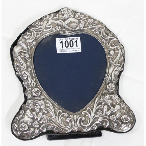 1001 - A silver mounted heart shaped photograph frame, approx 21cm tall, Sheffield 1990 by Francis Howard