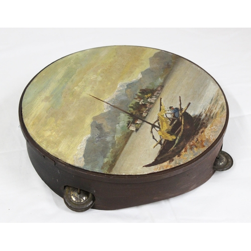 657 - An interesting vintage wooden framed tambourine with skin painted with an Italian school oil on velu... 