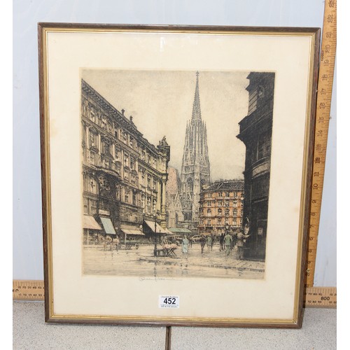 452 - Indistinctly signed coloured etching of a Parisian street scene