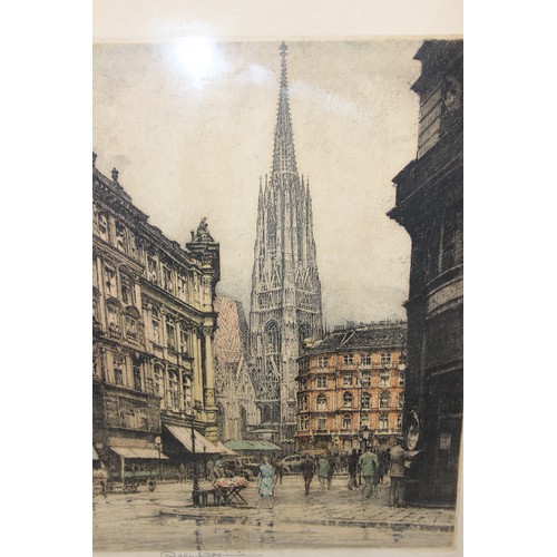 452 - Indistinctly signed coloured etching of a Parisian street scene