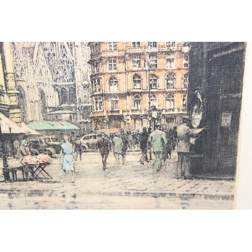 452 - Indistinctly signed coloured etching of a Parisian street scene