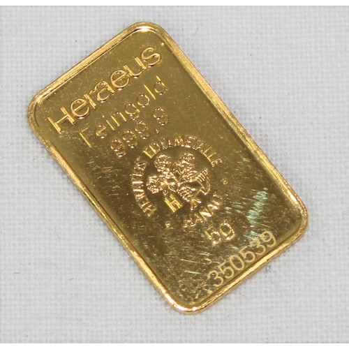 1295 - Heraeus 999.9 5g fine 24ct gold ingot