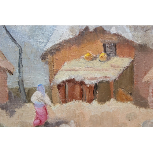 429a - Audrey R. VAULKHARD (XX), watercolour of Zebra and an unsigned oil on board of a rural village in Ka... 