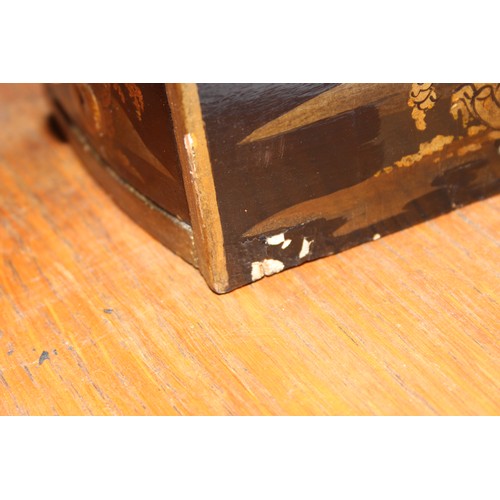 72 - A Regency period black japanned shelf with 5 small drawers and musical themed fretwork ends, approx ... 