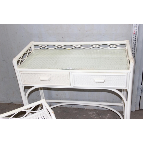 27 - A retro white painted bamboo effect and Bergere desk and stool, approx 105cm wide