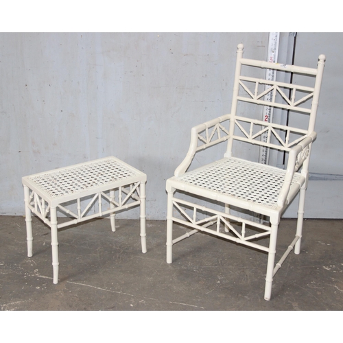 28 - An Aesthetic Movement style white painted bamboo effect chair and matching footstool, both with Berg... 