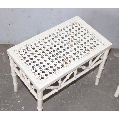 28 - An Aesthetic Movement style white painted bamboo effect chair and matching footstool, both with Berg... 