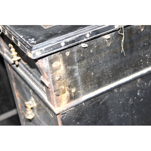 34 - A Victorian ebonised pedestal desk with 9 drawers and brass drop handles, approx 108cm wide