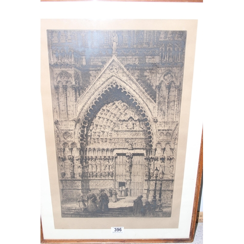 396 - An antique artists proof copper plate etching of a cathedral interior, indistinctly signed in pencil... 