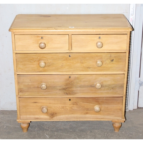 43 - A Victorian stripped pine 2 over 3 chest of drawers with bun handles, approx 95cm wide