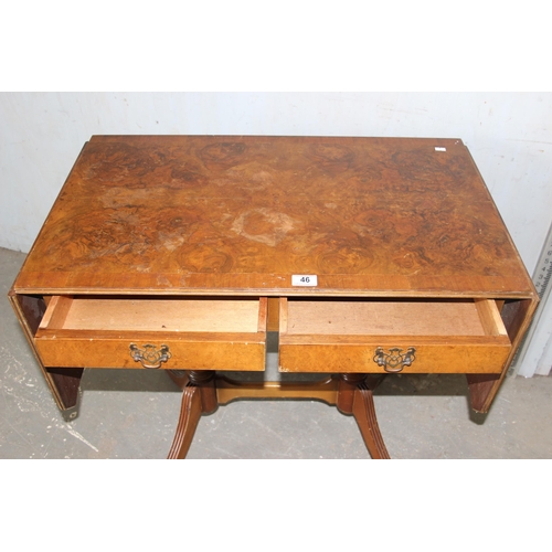 46 - A vintage burr walnut finished drop end sofa table with 2 drawers, approx 146cm wide when extended