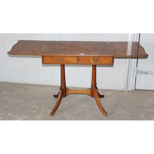 46 - A vintage burr walnut finished drop end sofa table with 2 drawers, approx 146cm wide when extended