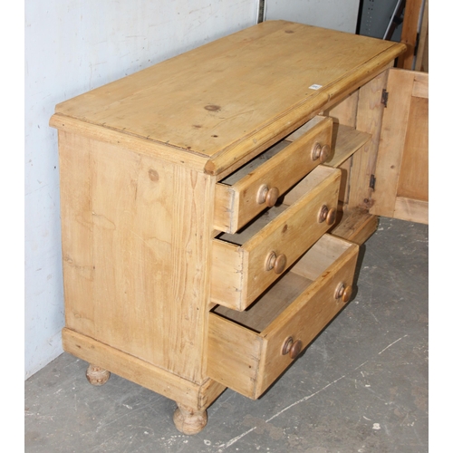 50 - A Victorian pine sideboard comprising of 3 drawers and a cupboard, with bun handles and bun feet, ap... 