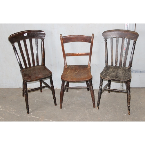 51 - 3 antique elm seated farmhouse chairs, Oxford and 2 slat back