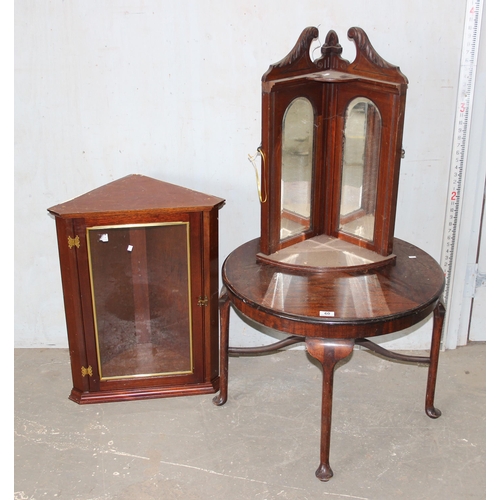 60 - A vintage drum table, a mirrored corner shelf and a wall cabinet (3)