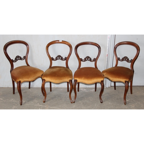 67 - A set of 4 Victorian mahogany balloon backed dining chairs with stuffed gold upholstered seats and c... 