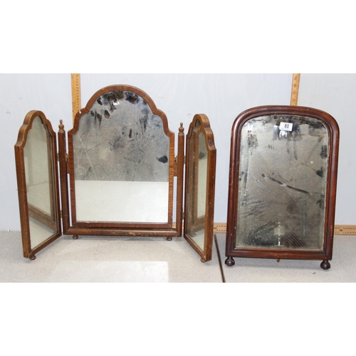 80 - 2 antique table top mirrors, one mahogany easel frame and a triptych mirror