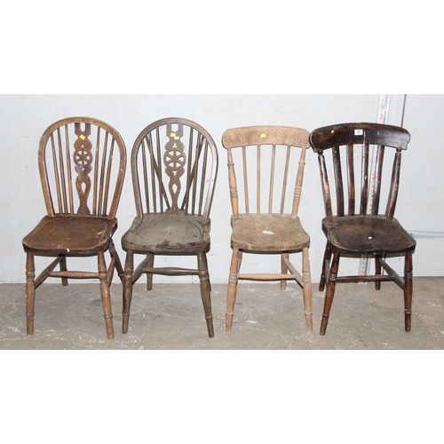 136 - 2 vintage farmhouse wheelback chairs, one with elm seat, an Elm spindle back chair and another vinta... 