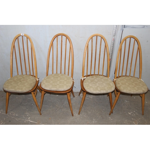 144 - A set of 4 retro Ercol Quaker model 365 dining chairs in blonde finish, with cushions, one with blue... 