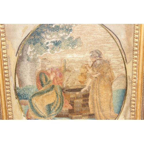 404 - A Georgian needlework and painted panel in verre églomisé mount and gilt frame, approx 48cm x 38cm