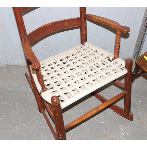 96 - Childs rocking chair with rope strung seat & an antique child's elm seated hoop back chair