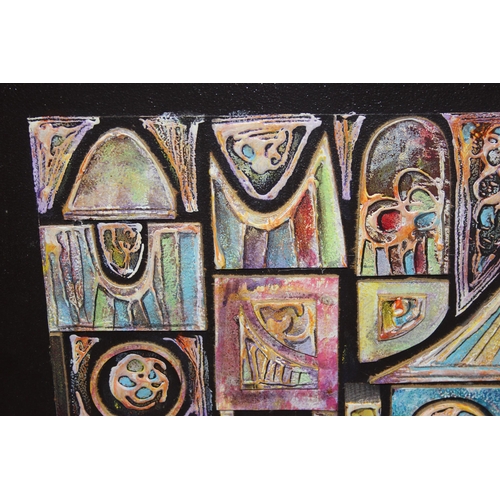 420 - Jack Ray (XX), retro abstract relief mixed media artwork of architectural shapes, signed lower right... 