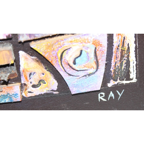 420 - Jack Ray (XX), retro abstract relief mixed media artwork of architectural shapes, signed lower right... 