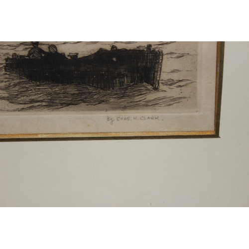 438 - Charles H. Clark, drypoint marine school etching of ships at sail in the manner of William Wyllie, s... 