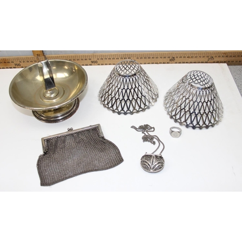 1008 - A pair of silver plated lamp shades, a silver plated matchbox holder/ ashtray, a silver plated mesh ... 