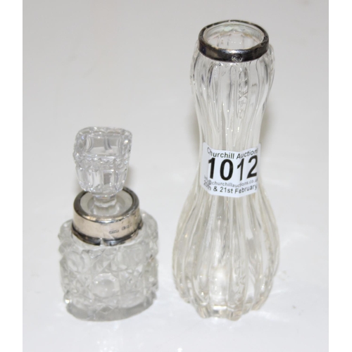 1012 - 4 silver topped glass items, vase, 2 pots and a pepper pot