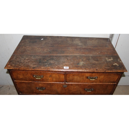 103 - An 18th century 2 over 3 chest of drawers with walnut veneer over oak carcass, panelled ends, approx... 